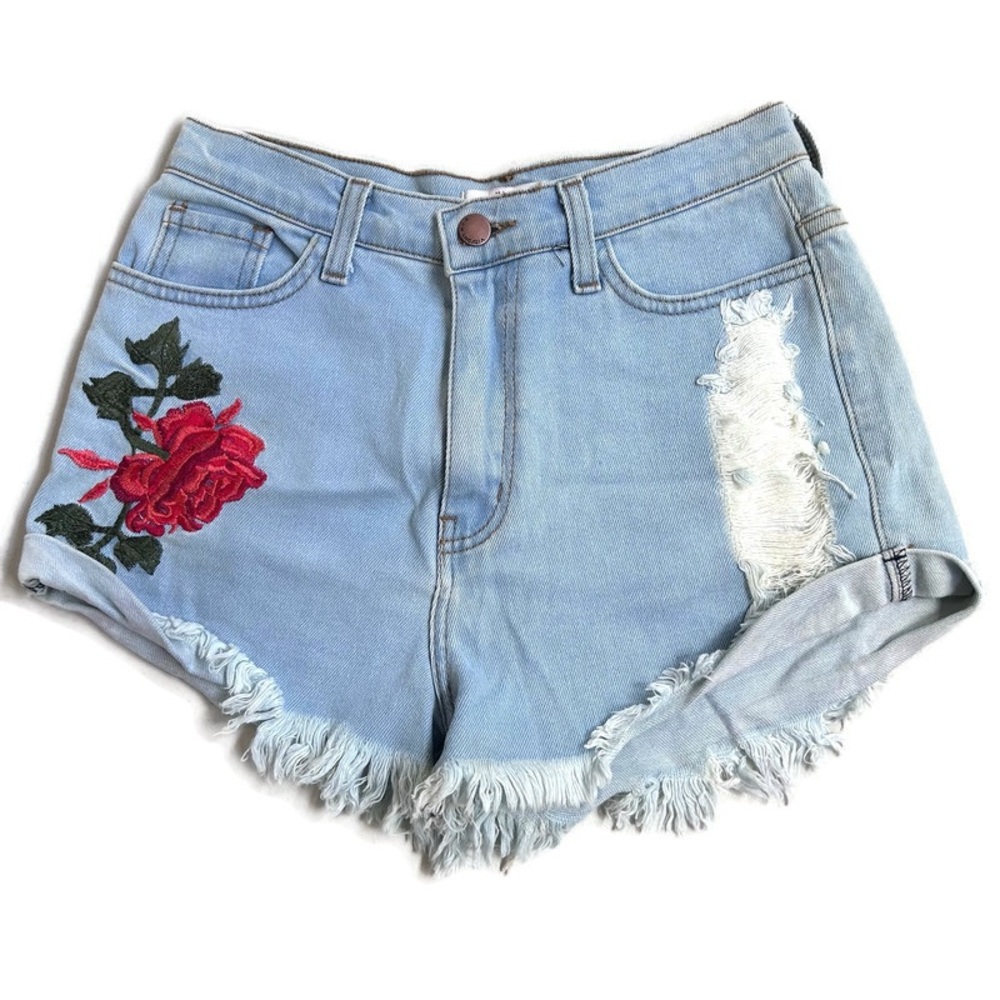 Vibrant M.I.U. Embroidered Red Rose Denim Distressed Light Blue Wash Shorts Med